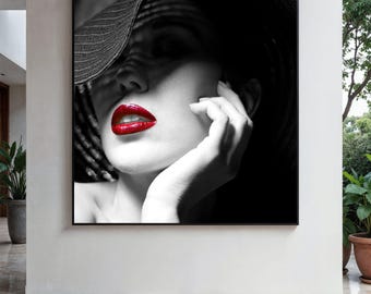 Lienzo con retrato de mujer elegante, primer plano de lápiz labial rojo, decoración de pared con rostro en blanco y negro, regalo de belleza glamurosa, decoración del hogar, impresión.