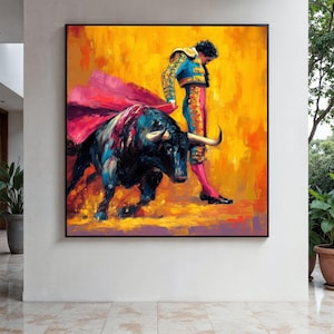 Vibrant Bullfighter with Bull Canvas Wall Art, Colorful Matador Painting, Spanish Culture Artwork, Dynamic Home Gift Art, Home Decor, Print