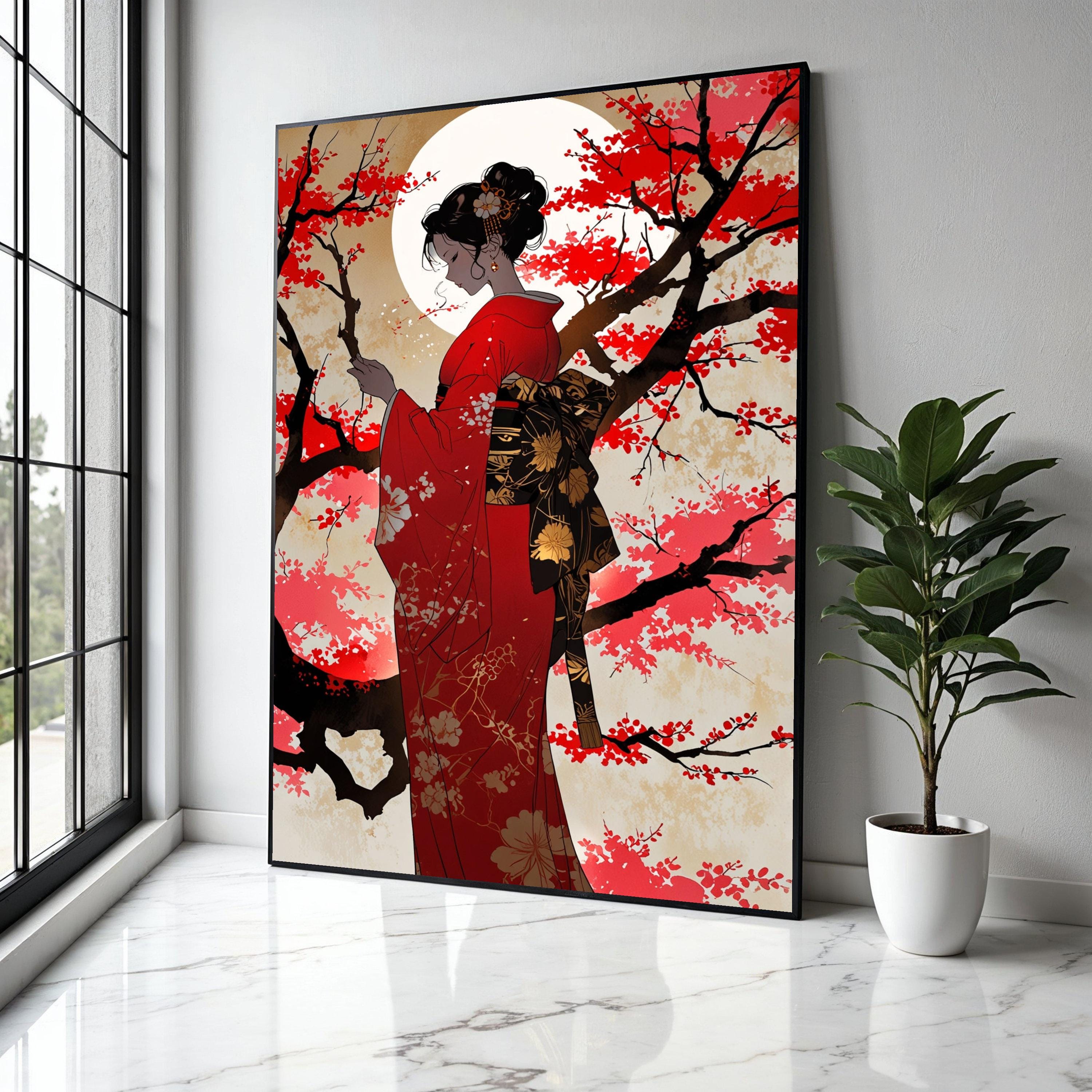 Elegant Geisha Silhouette Canvas, Red Kimono Wall Art, Cherry
