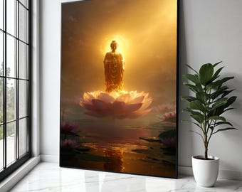 Illuminated Buddha Statue on Lotus Flower Canvas, Spiritual Wall Art, Golden Meditation Decor, Zen Buddhist Gift Art, Home Decor, Print