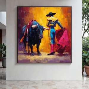 Vibrant Bullfighter and Bull Canvas Wall Art, Spanish Matador Painting, Colorful Abstract Bullfighting Scene, Gift Art, Home Decor, Print