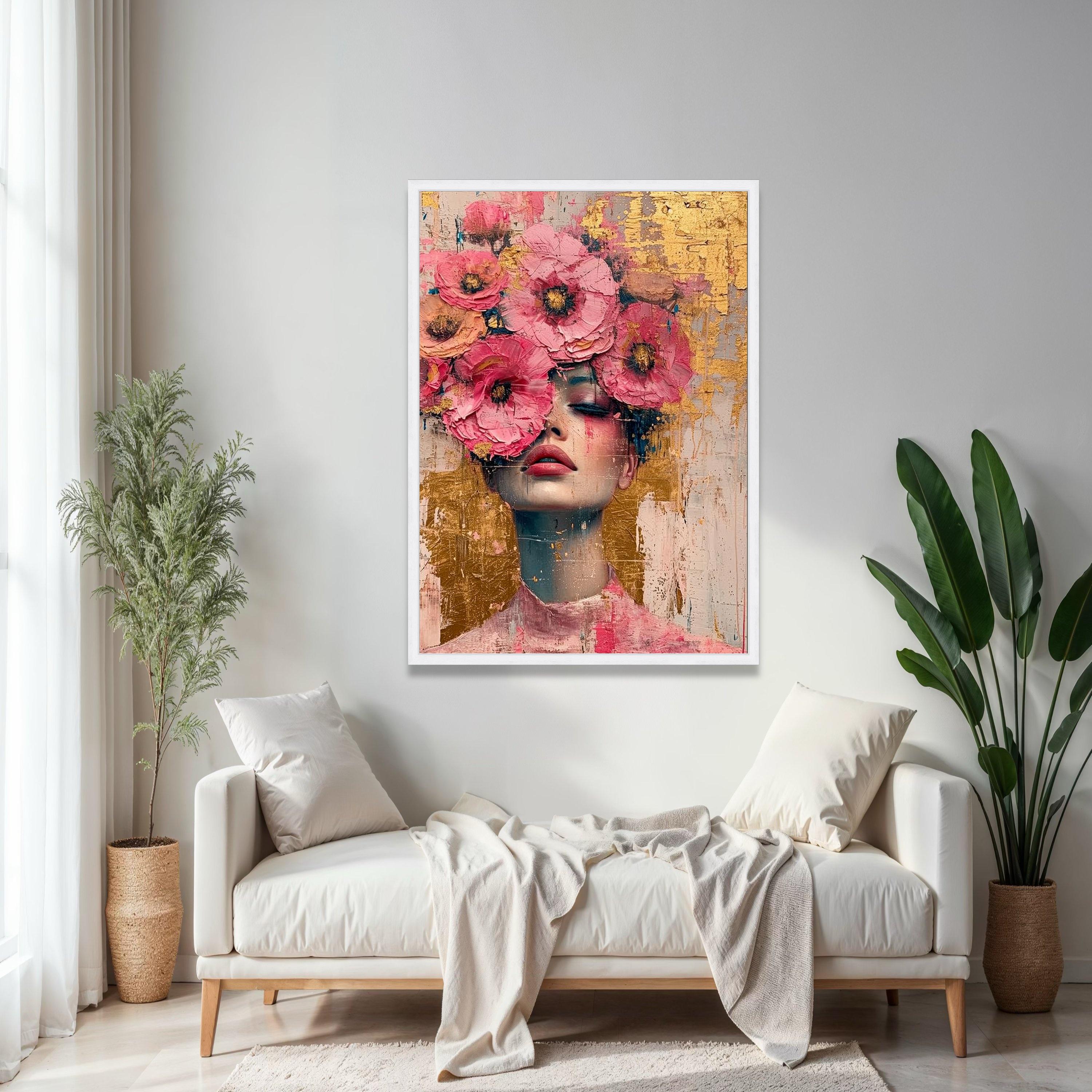 花の顔の肖像画キャンバス、ピンクの花冠の壁アート、抽象的な女性の