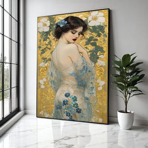 Elegant Woman with Floral Sheer Dress Canvas, Art Nouveau Style Portrait, Blue Flowers Wall Art, Decorative Home Gift Art, Home Decor, Print