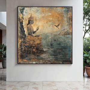 Meditative Buddha Canvas Wall Art, Spiritual Zen Decor, Vintage Buddhist Art, Tranquil Nature Scene, Peaceful Gift Art, Home Decor, Print