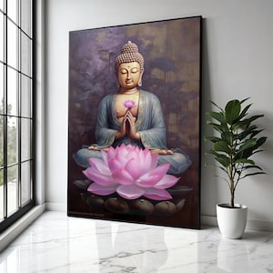 Meditating Buddha with Lotus Flower Canvas, Spiritual Wall Art, Zen Home Decor, Peaceful Meditation Artwork, Gift Art, Home Decor, Print