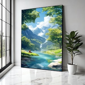 Tranquil Mountain Meditation Scene, Serene River Canvas, Waterfall Landscape Wall Art, Peaceful Nature Canvas, Gift Art, Home Decor, Print