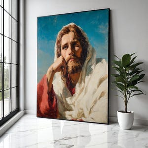 Thoughtful Jesus Portrait Canvas, Religious Wall Art, Inspirational Christian Canvas, Spiritual Home Decor, Gift Art, Home Decor, Print