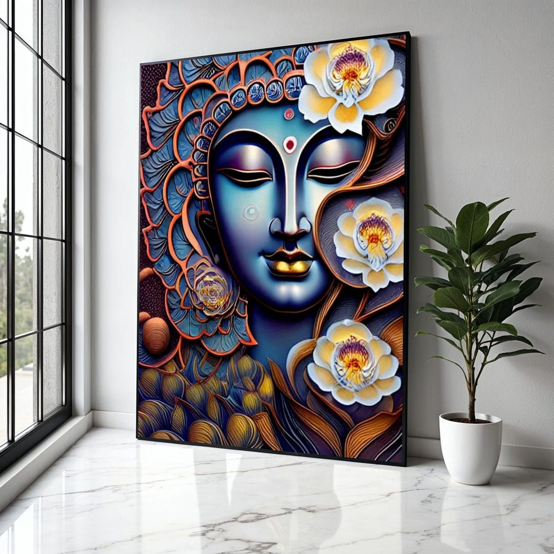 Spiritual Buddha Face With Lotus Flowers Canvas, Zen Wall Art ...