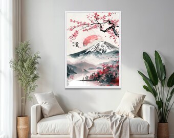 桜の日の出、富士山のキャンバス、日本の風景画、桜の木の壁飾り