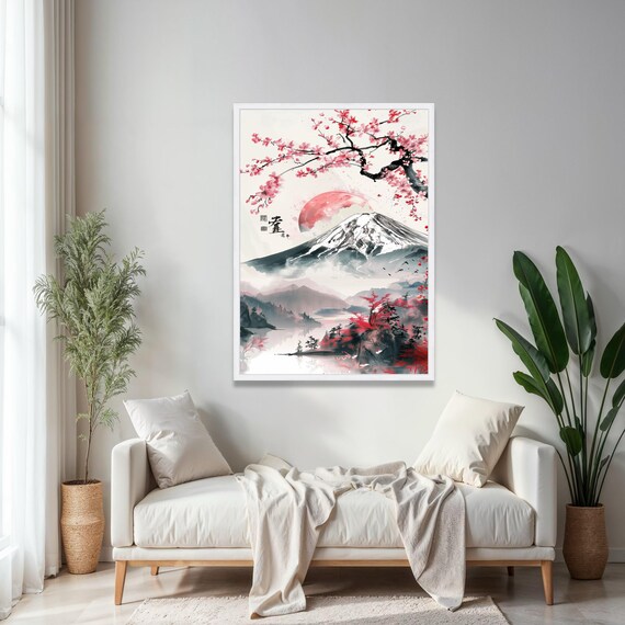 桜の日の出、富士山のキャンバス、日本の風景画、桜の木の壁飾り