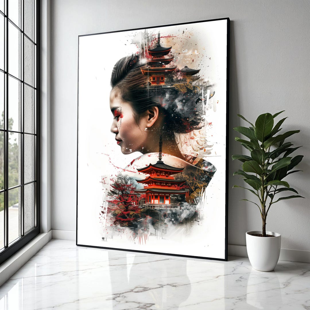 Asian Woman Portrait With Japanese Pagoda, Oriental Temple Canvas Art ...