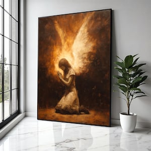 Praying Angel Canvas Wall Art, Spiritual Angel Wings Painting, Religious Home Decor, Inspirational Faith Gift Art, Home Decor, Print