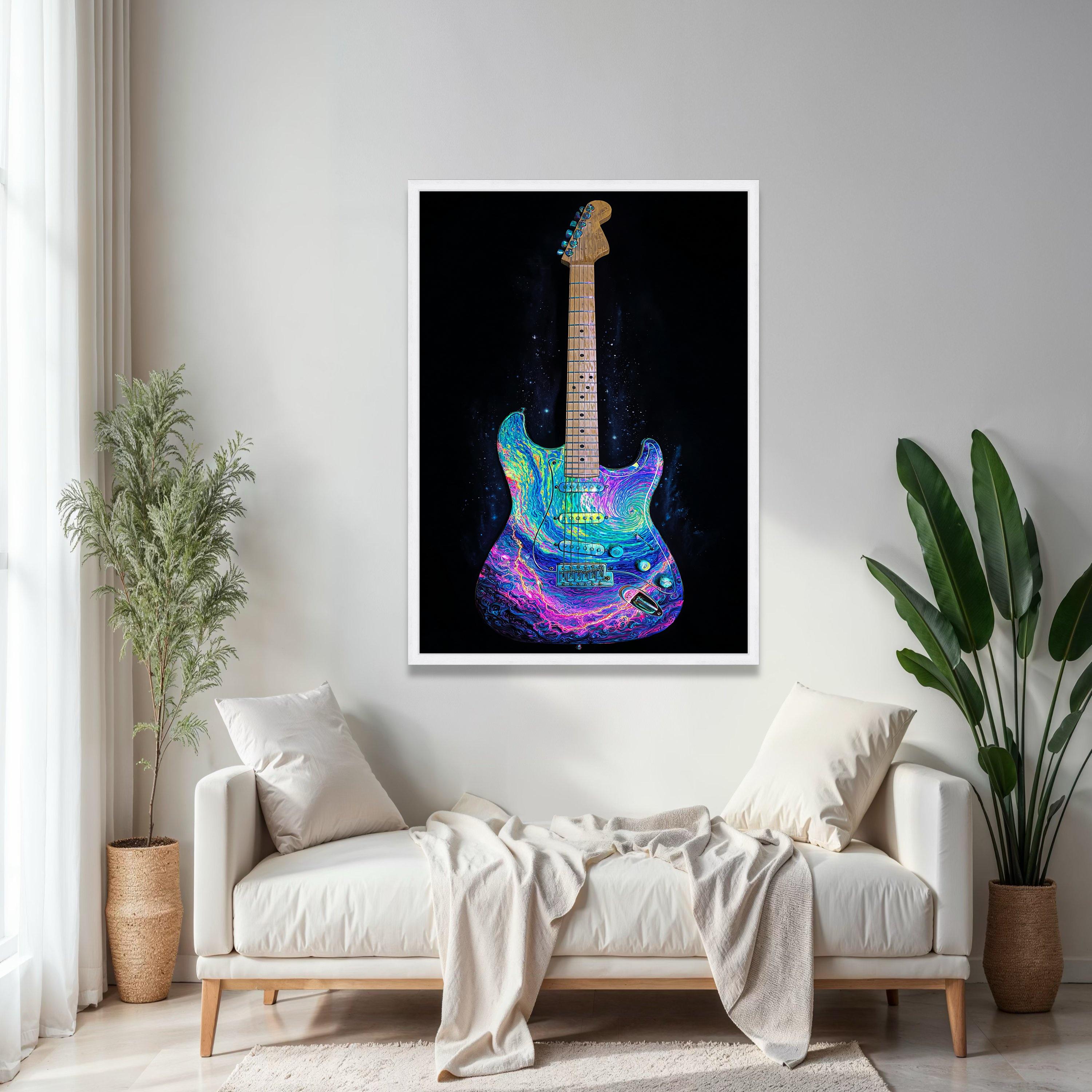 Psychedelic Electric Guitar Canvas, Colorful Music Wall Art, Neon