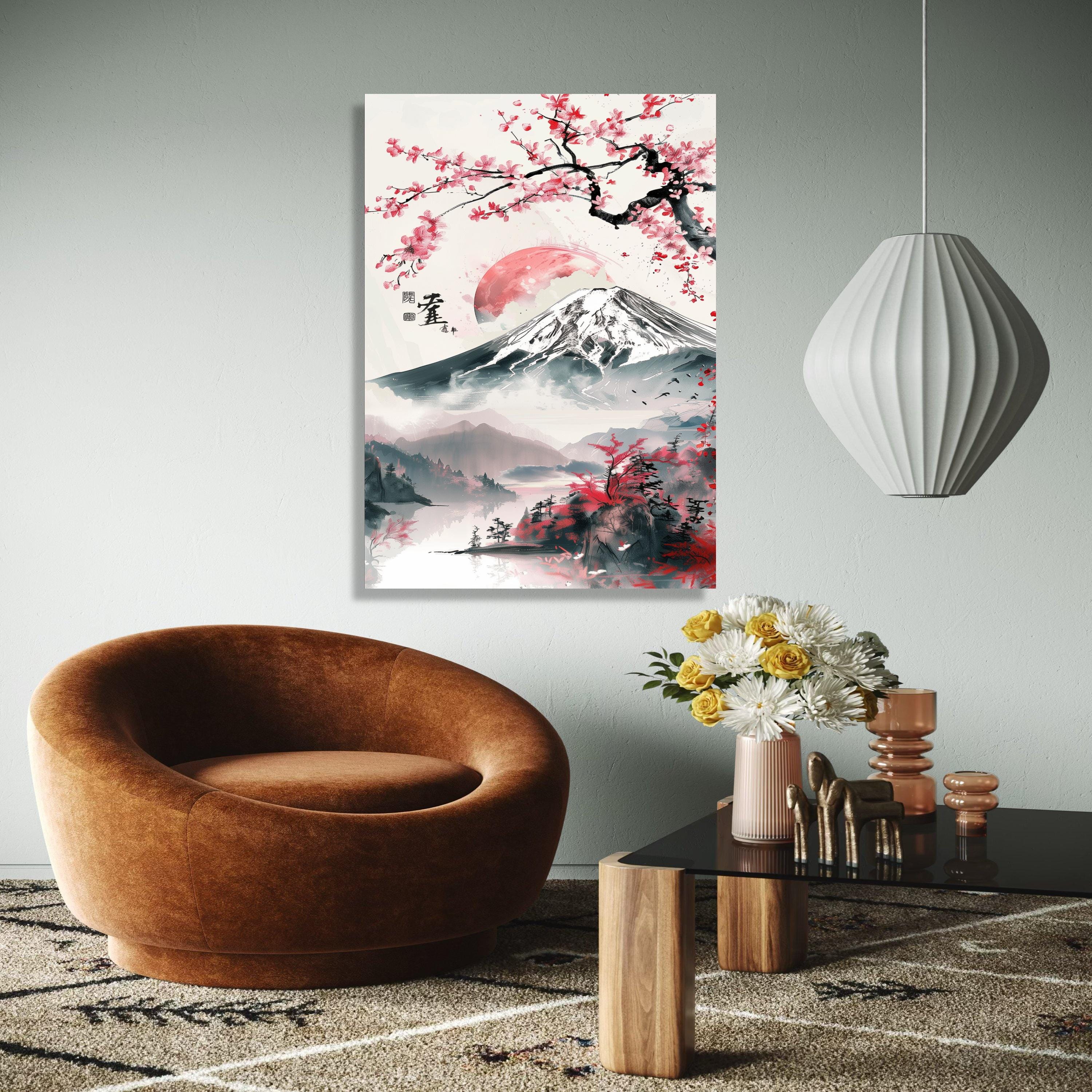 Japanese Canvas Wall Art - Blooming Cherry Trees & Mount Fuji Landscape Painting, 24x36 Inches, Framed Ready To Hang - View #5