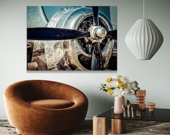 Lienzo de hélice de avión vintage, arte mural de metal de avión retro, decoración de aviación industrial, regalo de avión clásico, decoración del hogar, impresión