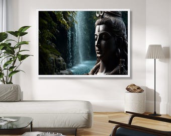 Serene Shiva standbeeld canvas muurkunst, decor spirituele meditatie, rustige waterval natuur canvas, hindoeïstische god cadeau kunst, decor van het huis, afdrukken