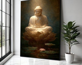 Golden Buddha Meditation Canvas, Lotus Flower Wall Art, Spiritual Home Decoration, Zen Buddhist Art Print, Gift Art, Home Decor, Print