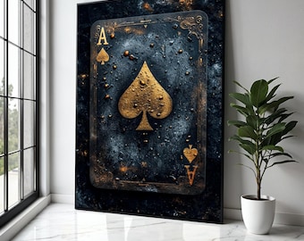 Lienzo decorativo de as de picas, diseño de naipes vintage, decoración de sala de juegos en dorado y negro, arte de pared de casino moderno, decoración del hogar, impresión