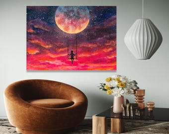 Meisje swingen op maan canvas, dromerige nachtelijke hemel kunst aan de muur, celestial fantasy canvas, inspirerende Home cadeau kunst, decor van het huis, afdrukken