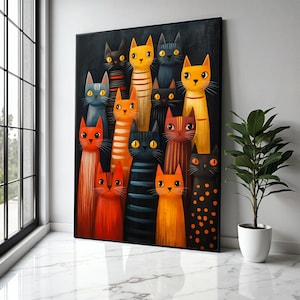Colorful Cats Gathering Canvas, Whimsical Feline Art, Modern Cat Wall Decor, Playful Animal Painting, Cute Kitty Gift Art, Home Decor, Print