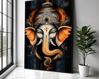 Majestic Ganesha Canvas Wall Art, Indian Elephant God Painting, Spiritual Home Decor, Hindu Mythology Canvas, Gift Art, Home Decor, Print