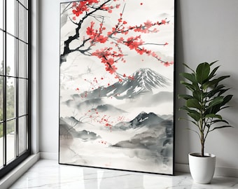 Arte mural en lienzo con flores de cerezo japonesas, paisaje del monte Fuji, estilo asiático de lavado de tinta, regalo de flor de cerezo, decoración del hogar, impresión