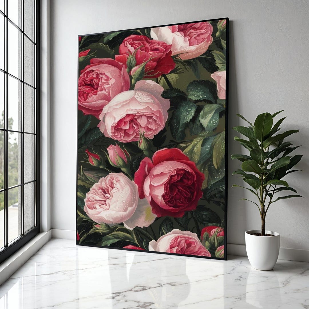 Romantic Red and Pink Roses Canvas Wall Art, Floral Bouquet Painting ...