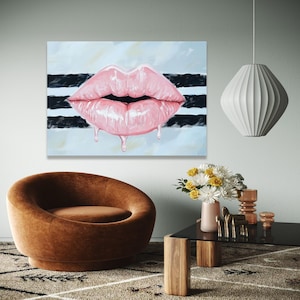 Glossy Pink Lips Canvas Wall Art, Dripping Lip Design, Modern Pop Art Painting, Bold Statement Wall Decor, Gift Art, Home Decor, Print