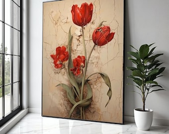 Vintage Red Tulips Canvas Wall Art, Rustic Floral Painting, Flower Decor, Botanical Canvas Print, Home Gift Art, Home Decor, Print