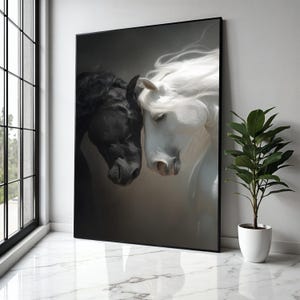 Black and White Horses Canvas Wall Art, Equine Portrait Canvas, Animal Love Wall Decor, Dual Tone Horse Artwork, Gift Art, Home Decor, Print