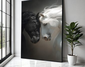 Black and White Horses Canvas Wall Art, Equine Portrait Canvas, Animal Love Wall Decor, Dual Tone Horse Artwork, Gift Art, Home Decor, Print