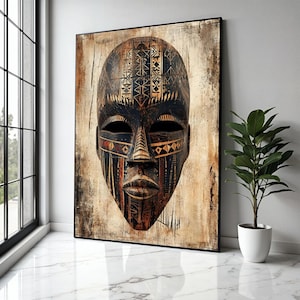 Tribal African Mask Canvas Wall Art, Ethnic Face Decor, Abstract Cultural Artwork, Rustic Tribal Pattern Canvas, Gift Art, Home Decor, Print
