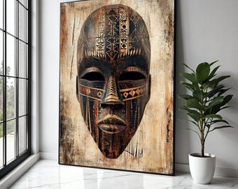 Tribal Afrikaans masker canvas kunst aan de muur, decor etnische gezicht, abstract cultureel kunstwerk, rustiek tribal patroon canvas, cadeau kunst, decor van het huis, afdrukken
