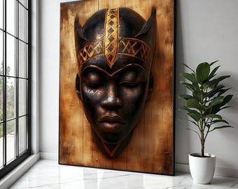 Tribal African Mask Canvas Wall Art, Ethnic Face Sculpture, Cultural Home Decor, Wooden Art Print, Unique Wall Gift Art, Home Decor, Print