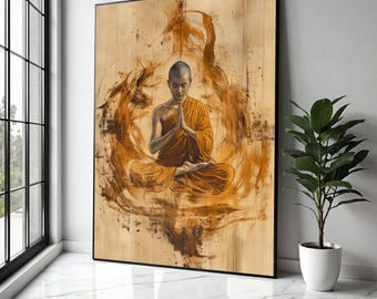 Meditating Buddhist Monk Canvas Wall Art, Spiritual Home Decor, Zen Meditation Artwork, Tranquil Mindfulness Gift Art, Home Decor, Print