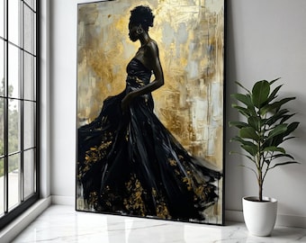 Elegante Afrikaanse vrouw in zwarte jurk, abstract gouden canvas, moderne figuratieve kunst aan de muur, glamoureuze woondecoratie, cadeaukunst, woondecoratie, afdrukken