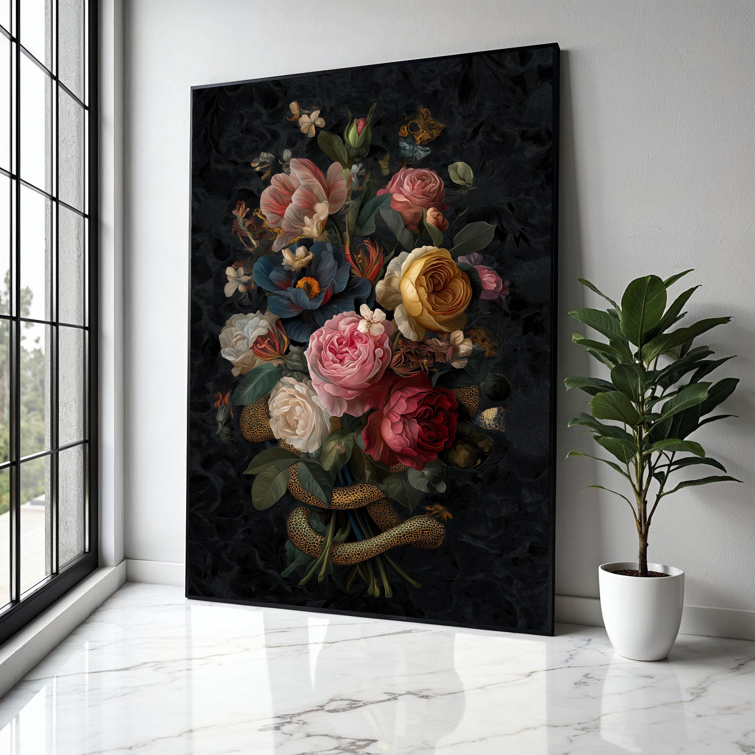 Vintage Floral Bouquet Canvas Wall Art, Dark Background Flowers