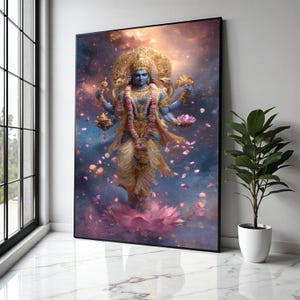 Divine Vishnu God Canvas Wall Art, Hindu Deity Painting, Spiritual Lotus Flower Art, Indian Mythology Decor, Gift Art, Home Decor, Print