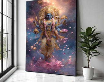 Divine Vishnu God Canvas Wall Art, Hindu Deity Painting, Spiritual Lotus Flower Art, Indian Mythology Decor, Gift Art, Home Decor, Print