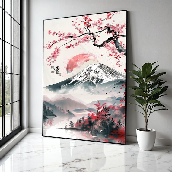 桜の日の出、富士山のキャンバス、日本の風景画、桜の木の壁飾り