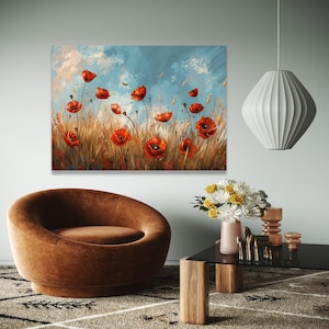 Vibrant Red Poppy Field Canvas, Floral Wall Art, Nature Landscape Painting, Blue Sky Meadow Canvas, Home Decor Gift Art, Home Decor, Print