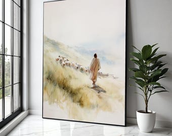 Lienzo de Jesús el Buen Pastor, Arte mural espiritual, Pintura de fe cristiana, Lienzo de ovejas y pastores, Arte de regalo, Decoración del hogar, Impresión