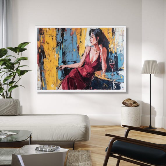 lady in red dress canvas Elegant Woman Canvas, Abstract Portrait Wall Art, Modern Lounge Scene, Wine Glass Painting, Stylish Gift Art, Home Decor, Print woman in red dress painting