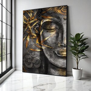 Golden Buddha Face Canvas, Spiritual Wall Art, Meditation Decor, Zen Canvas Painting, Asian Inspired Home Gift Art, Home Decor, Print