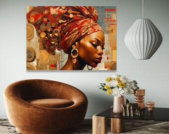 Elegant African Woman Portrait Canvas, Ethnic Wall Art, Modern Headwrap Design, Cultural Decor, Contemporary Gift Art, Home Decor, Print