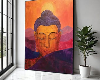 Op de afbeelding: Een groot, ingelijst schilderij van een serene Boeddha-kop. Het kunstwerk heeft een warm kleurenpalet met tinten oranje, geel en paars. Het gezicht van de Boeddha is goudkleurig, met gesloten ogen, tegen een achtergrond van bergen en een zon.