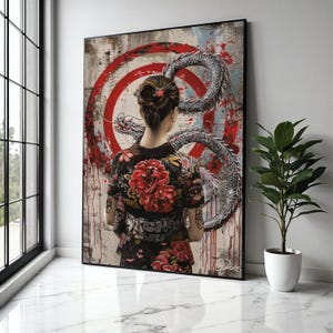 Geisha Woman with Dragon Canvas, Red Floral Kimono Wall Art, Asian Mythology Decor, Japanese Tattoo Style Gift Art, Home Decor, Print