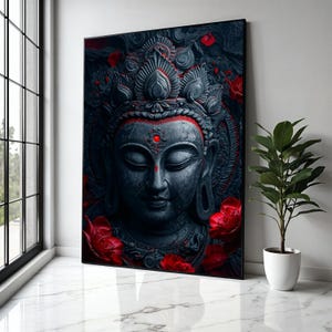 Mystic Buddha Face Canvas Wall Art, Red Accents Spiritual Decor, Meditation Room Canvas, Zen Home Decoration, Gift Art, Home Decor, Print