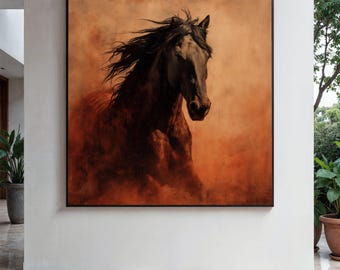 Potente tela raffigurante un cavallo in corsa, arte murale equestre rustica, ritratto di cavallo selvaggio, stampa di cavallo marrone, regalo artistico con animali della natura, arredamento per la casa, stampa