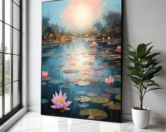 Tranquil Water Lily Pond Canvas, Serene Sunset Reflection Wall Art, Floral Nature Scene, Peaceful Landscape Gift Art, Home Decor, Print